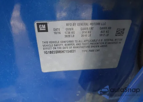 2017 Chevrolet Cruze Lt Auto from USA, damaged, VIN 1G1BE5SM6H7154831